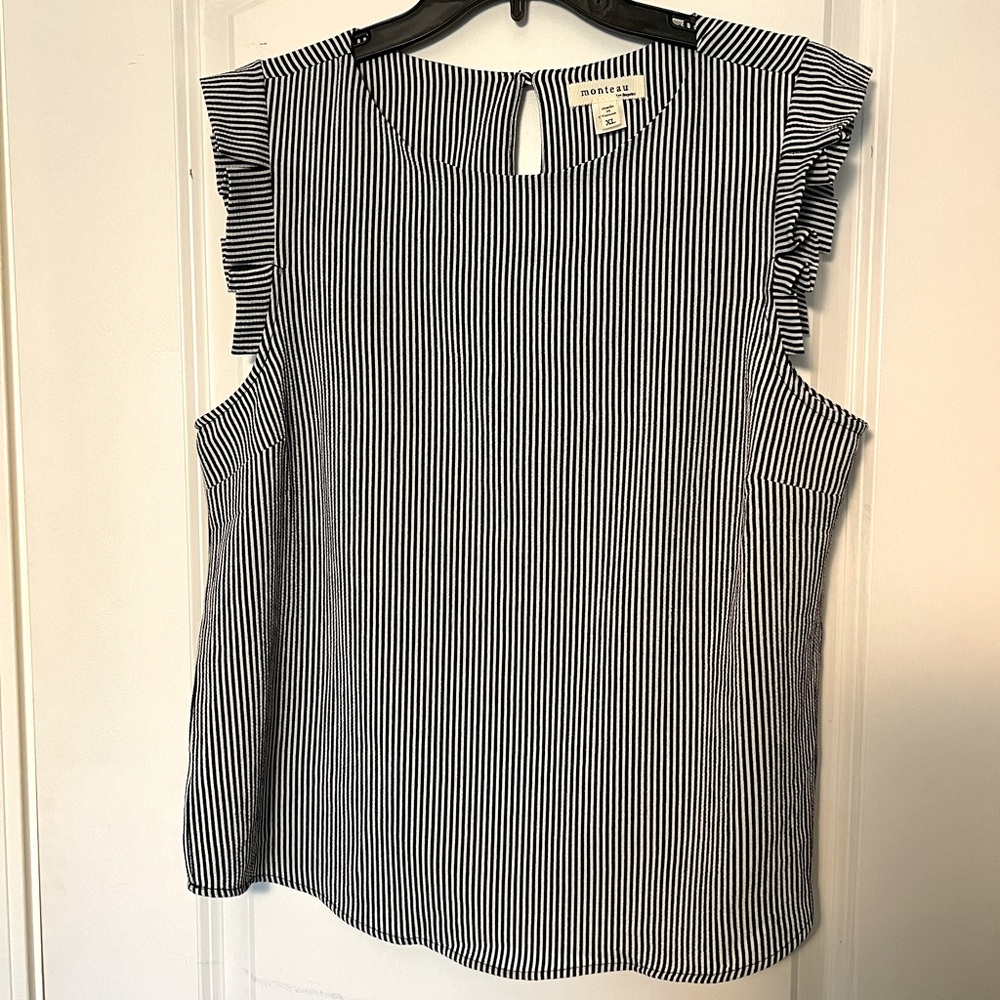Striped Sleeveless Top XL Navy Blue and White with Ruffles